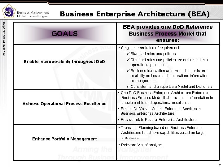 Business Enterprise Architecture (BEA) GOALS BEA provides one Do. D Reference Business Process Model