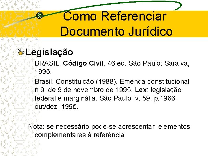 Como Referenciar Documento Jurídico Legislação BRASIL. Código Civil. 46 ed. São Paulo: Saraiva, 1995.