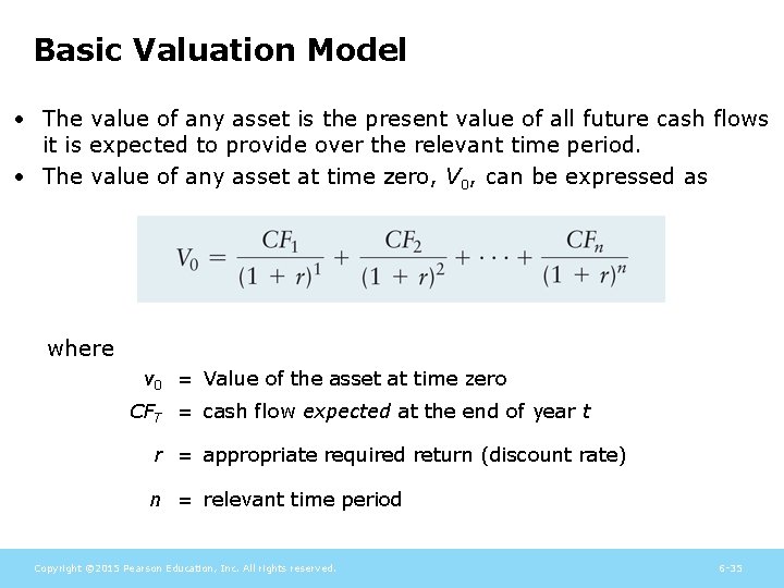 Basic Valuation Model • The value of any asset is the present value of