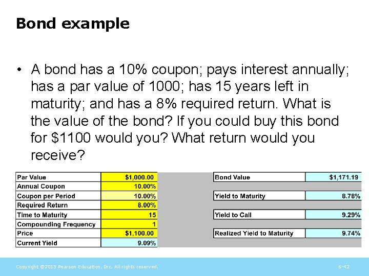 Bond example • A bond has a 10% coupon; pays interest annually; has a