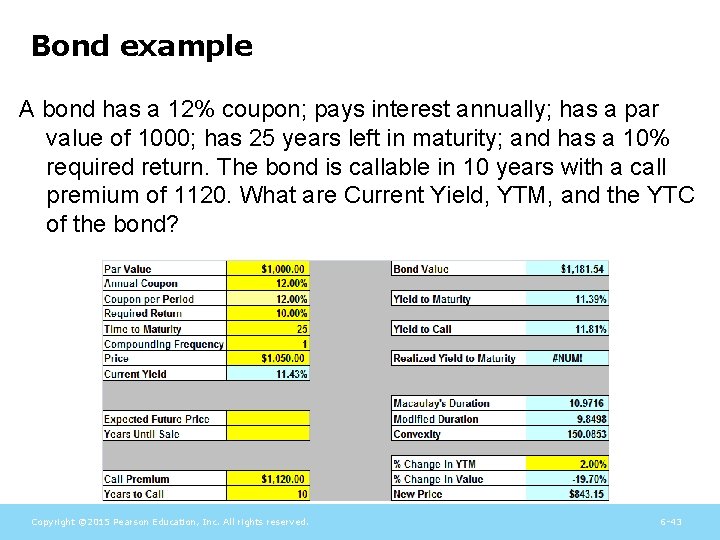 Bond example A bond has a 12% coupon; pays interest annually; has a par