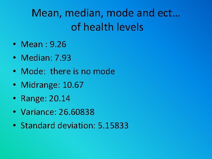 Mean, median, mode and ect… of health levels • • Mean : 9. 26