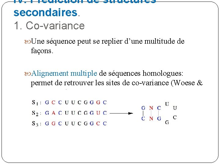 IV. Prédiction de structures secondaires. 1. Co-variance Une séquence peut se replier d’une multitude
