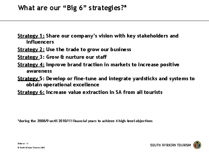 What are our “Big 6” strategies? * Strategy 1: Share our company’s vision with