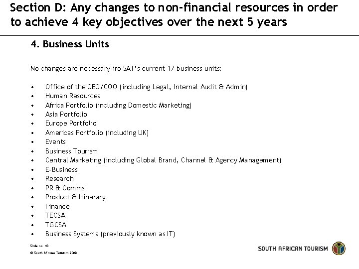 Section D: Any changes to non-financial resources in order to achieve 4 key objectives