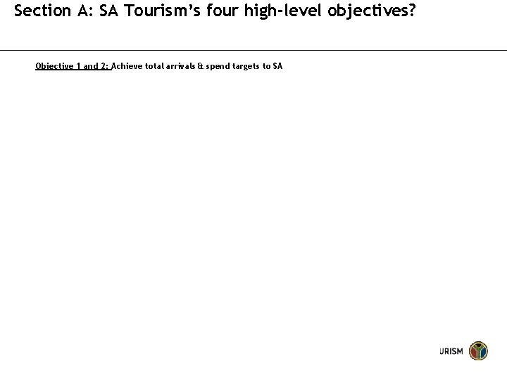 Section A: SA Tourism’s four high-level objectives? Objective 1 and 2: Achieve total arrivals