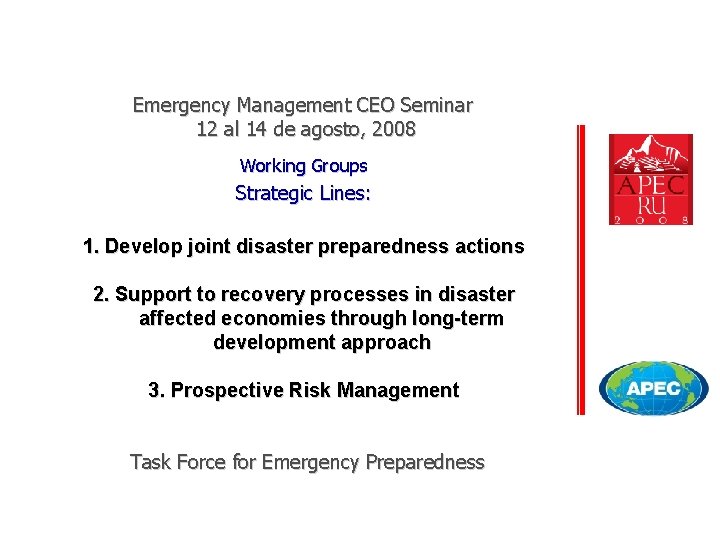 Emergency Management CEO Seminar 12 al 14 de agosto, 2008 Working Groups Strategic Lines: