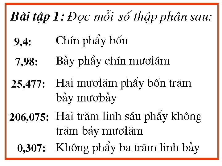 Bµi tËp 1: §äc mçi sè thËp ph©n sau: 9, 4: ChÝn phÈy bèn