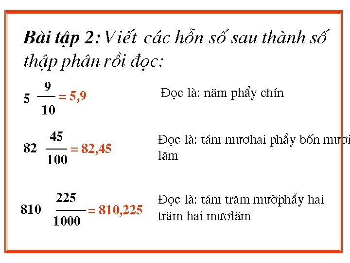 Bµi tËp 2: ViÕt c¸c hçn sè sau thµnh sè thËp ph©n råi ®äc: