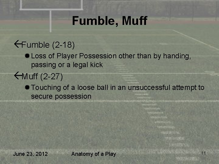 Fumble, Muff ßFumble (2 -18) ®Loss of Player Possession other than by handing, passing