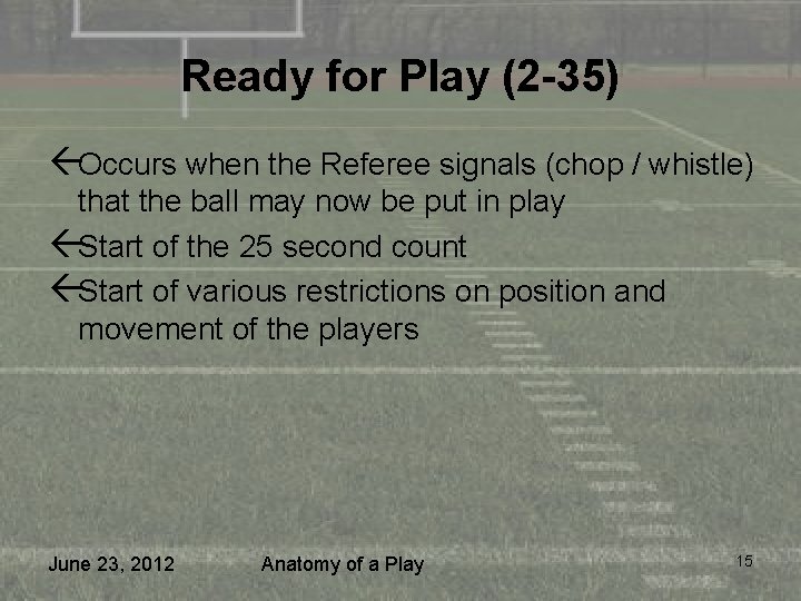 Ready for Play (2 -35) ßOccurs when the Referee signals (chop / whistle) that