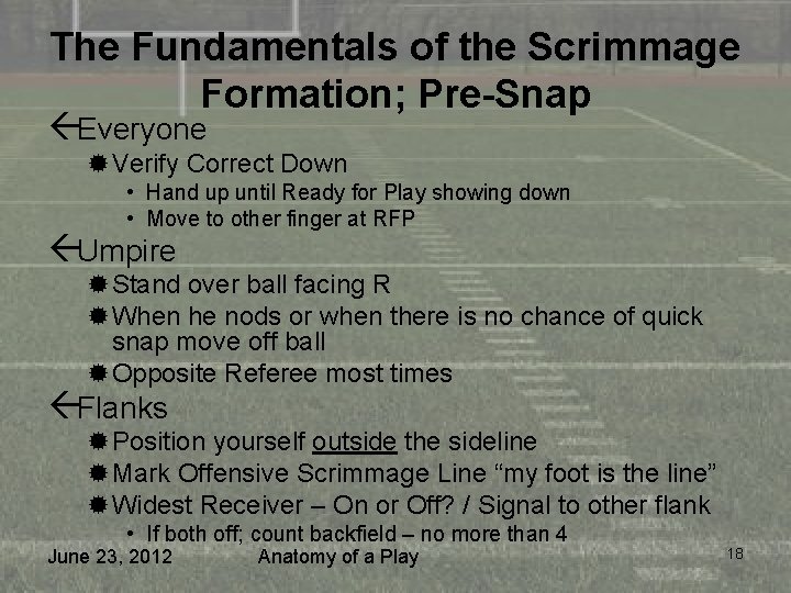 The Fundamentals of the Scrimmage Formation; Pre-Snap ßEveryone ®Verify Correct Down • Hand up
