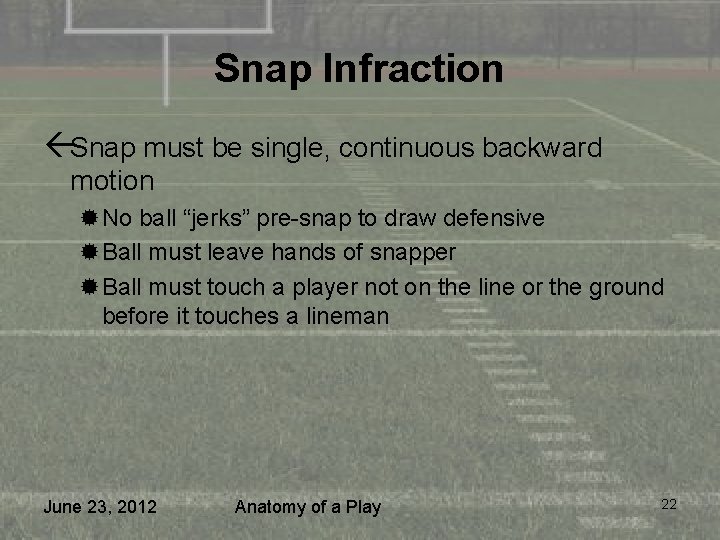 Snap Infraction ßSnap must be single, continuous backward motion ®No ball “jerks” pre-snap to