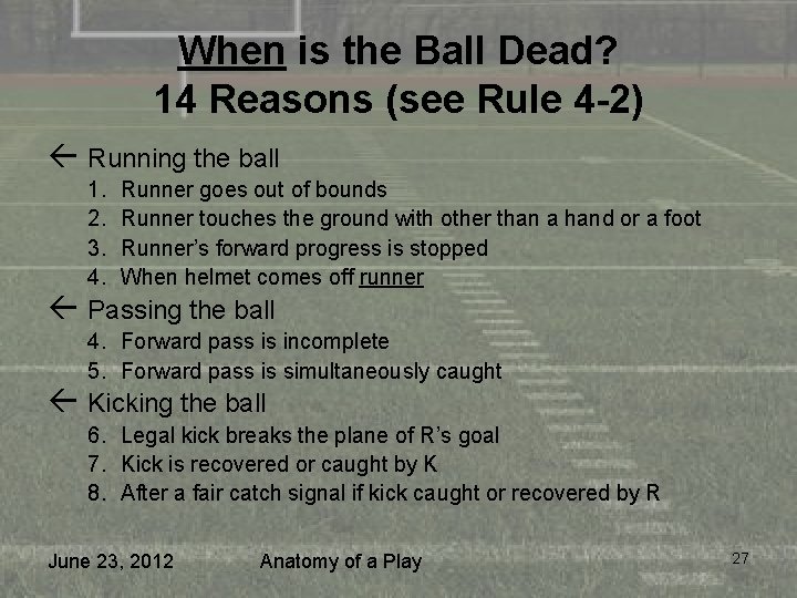 When is the Ball Dead? 14 Reasons (see Rule 4 -2) ß Running the