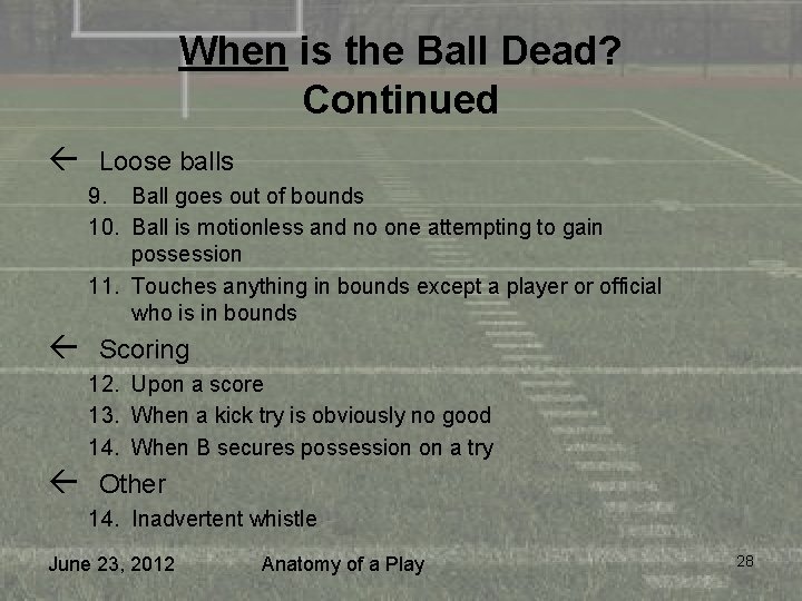 When is the Ball Dead? Continued ß Loose balls 9. Ball goes out of