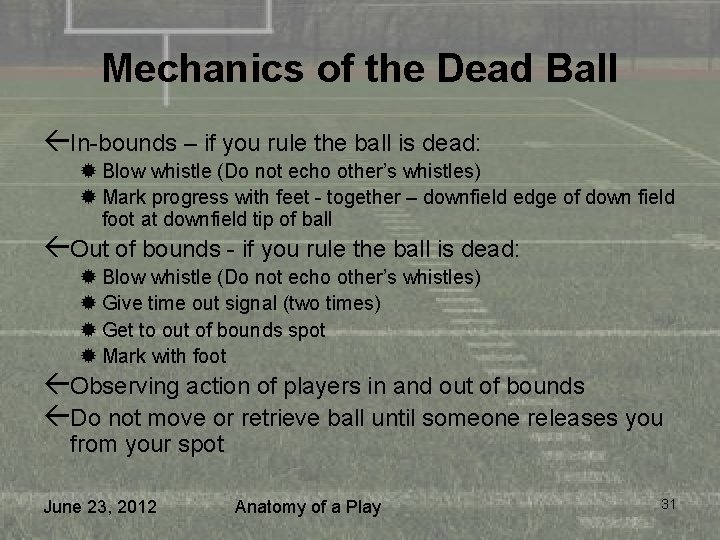 Mechanics of the Dead Ball ßIn-bounds – if you rule the ball is dead: