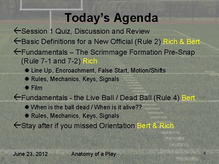 Today’s Agenda ßSession 1 Quiz, Discussion and Review ßBasic Definitions for a New Official