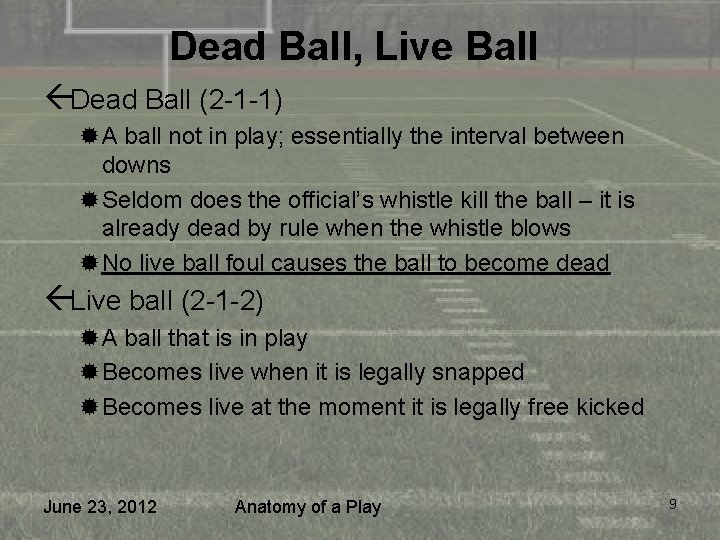Dead Ball, Live Ball ßDead Ball (2 -1 -1) ®A ball not in play;