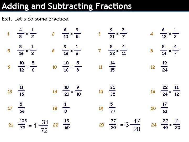 Adding and Subtracting Fractions Ex 1. Let’s do some practice. 1 5 9 13