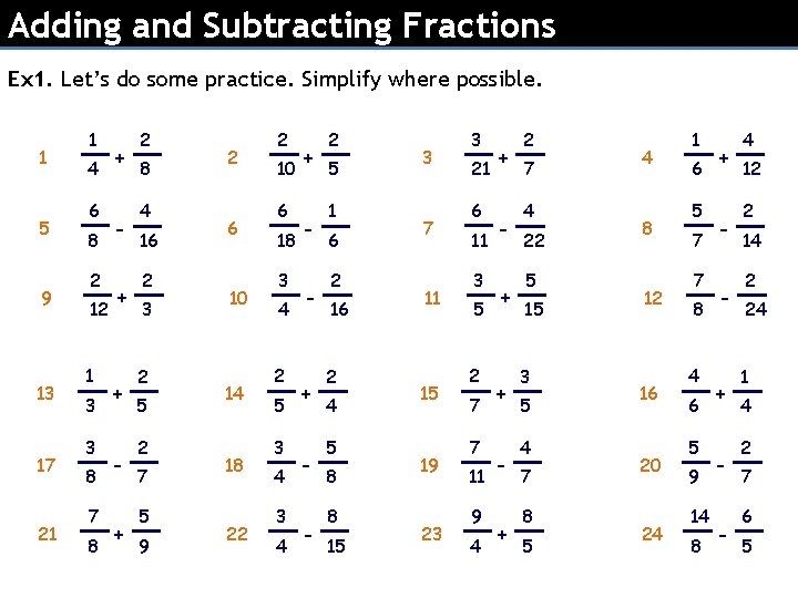 Adding and Subtracting Fractions Ex 1. Let’s do some practice. Simplify where possible. 1
