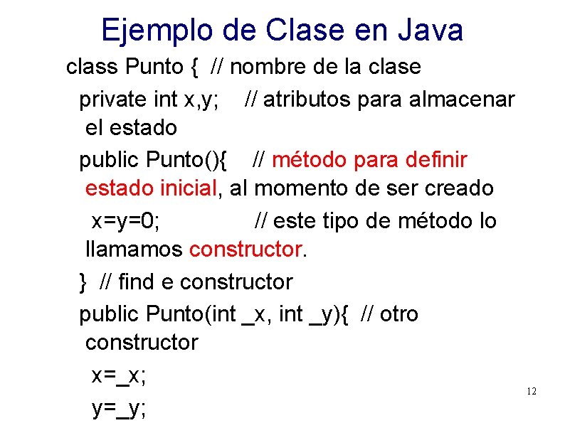 Ejemplo de Clase en Java class Punto { // nombre de la clase private