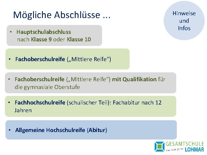 Mögliche Abschlüsse. . . • Hauptschulabschluss nach Klasse 9 oder Klasse 10 • Fachoberschulreife