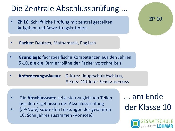 Die Zentrale Abschlussprüfung. . . ZP 10 • ZP 10: Schriftliche Prüfung mit zentral