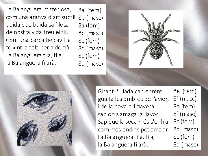 La Balanguera misteriosa, 8 a (fem) com una aranya d'art subtil, 8 b (masc)