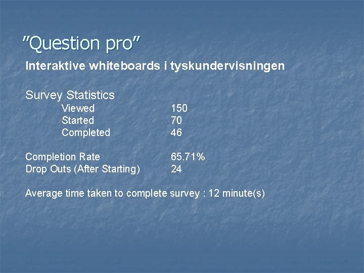 ”Question pro” Interaktive whiteboards i tyskundervisningen Survey Statistics Viewed Started Completion Rate Drop Outs