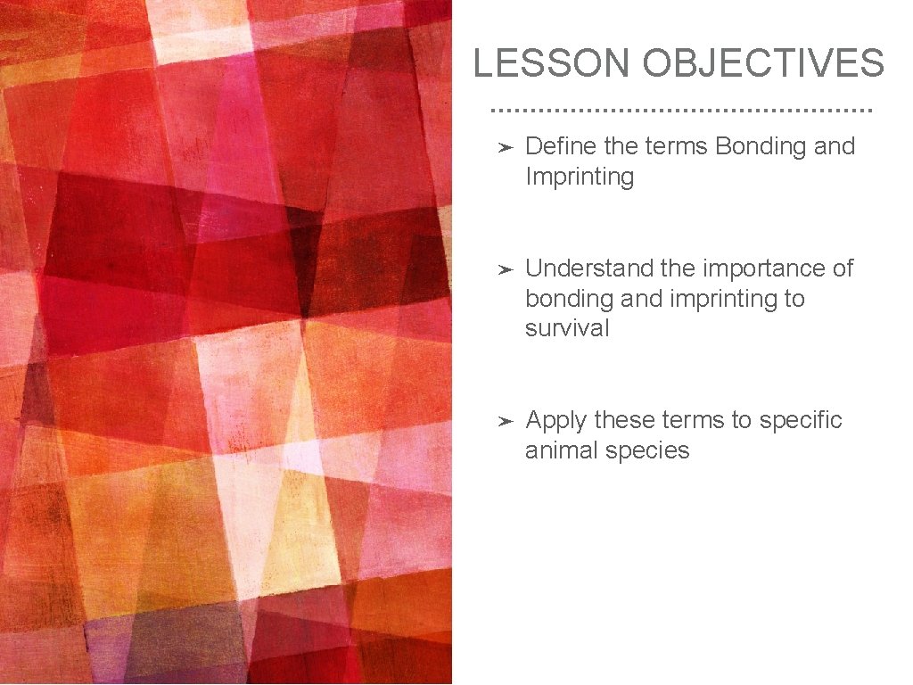 LESSON OBJECTIVES ➤ Define the terms Bonding and Imprinting ➤ Understand the importance of