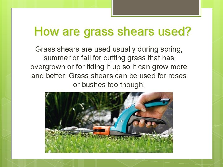 How are grass shears used? Grass shears are used usually during spring, summer or