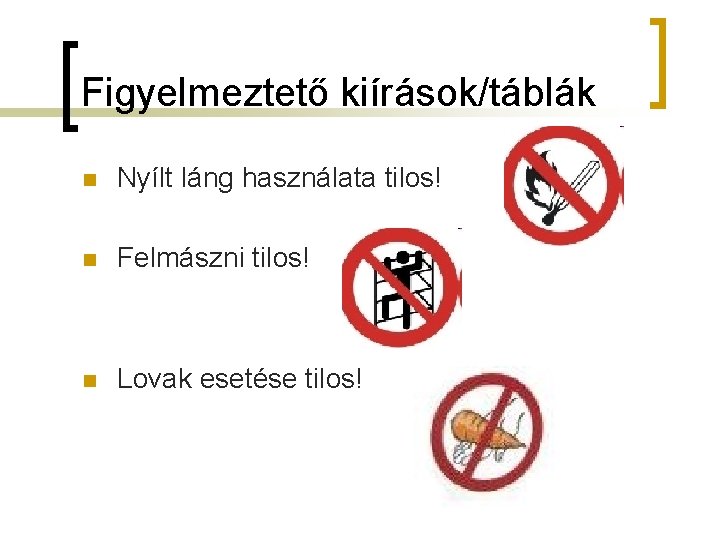 Figyelmeztető kiírások/táblák n Nyílt láng használata tilos! n Felmászni tilos! n Lovak esetése tilos!