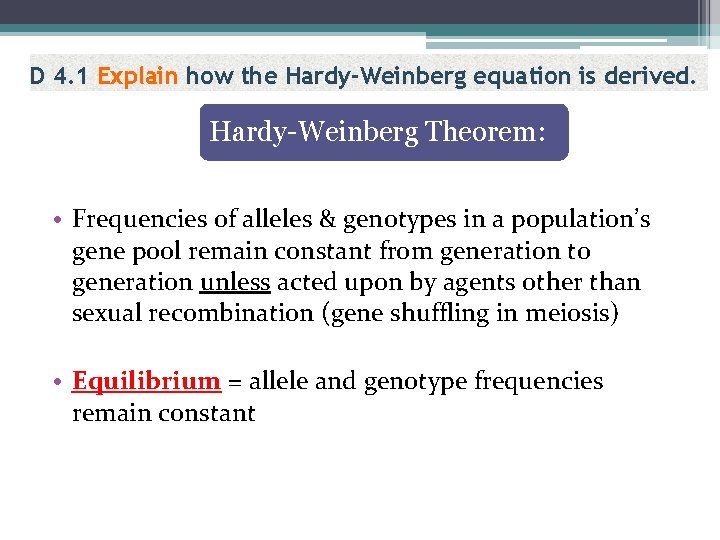 D 4. 1 Explain how the Hardy-Weinberg equation is derived. Hardy-Weinberg Theorem: • Frequencies