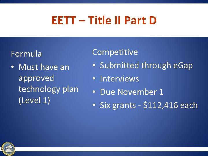 EETT – Title II Part D Formula • Must have an approved technology plan