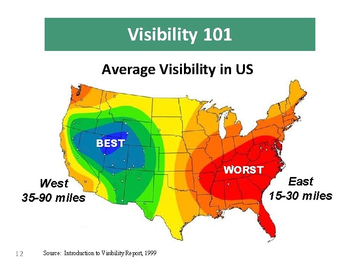 Visibility 101 Average Visibility in US BEST West 35 -90 miles 12 Source: Introduction