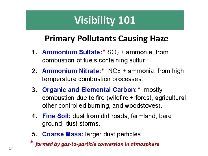 Visibility 101 Primary Pollutants Causing Haze 1. Ammonium Sulfate: * SO 2 + ammonia,