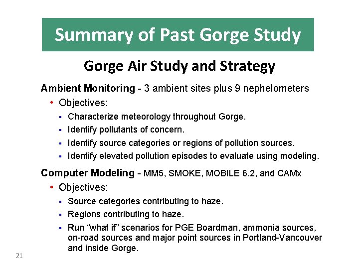 Summary of Past Gorge Study Gorge Air Study and Strategy Ambient Monitoring 3 ambient