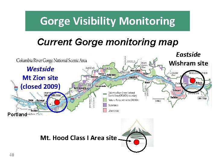 Gorge Visibility Monitoring Current Gorge monitoring map Westside Mt Zion site (closed 2009) Portland