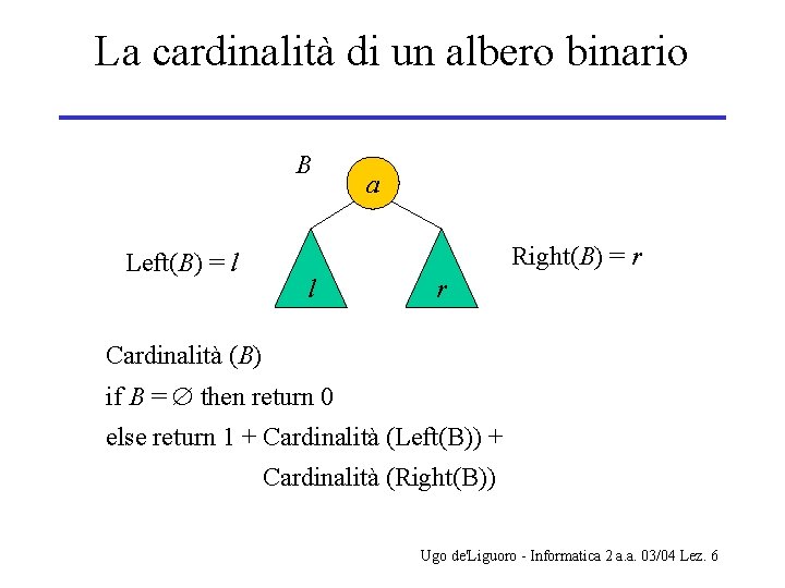 La cardinalità di un albero binario B Left(B) = l a Right(B) = r