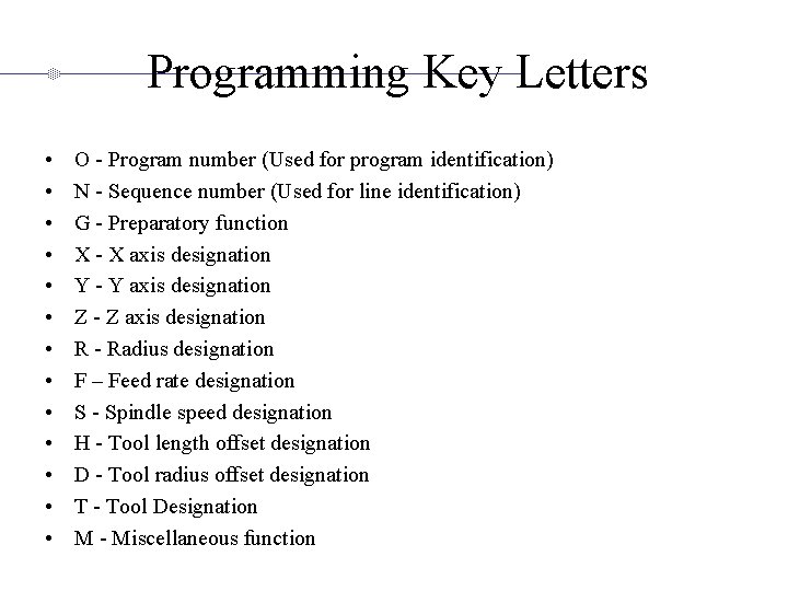 Programming Key Letters • • • • O - Program number (Used for program