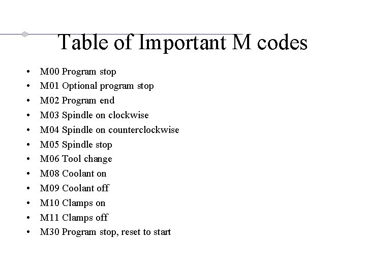 Table of Important M codes • • • M 00 Program stop M 01