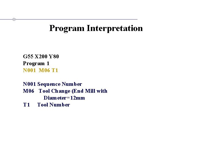 Program Interpretation G 55 X 200 Y 80 Program 1 N 001 M 06