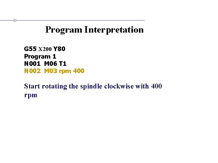 Program Interpretation G 55 X 200 Y 80 Program 1 N 001 M 06