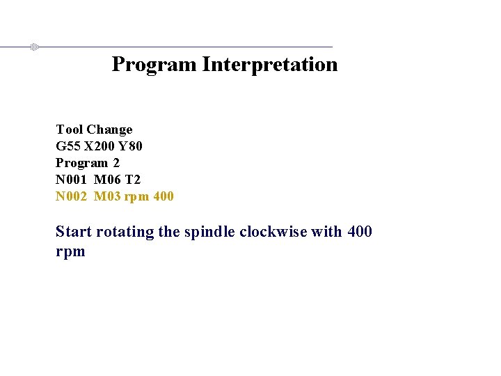 Program Interpretation Tool Change G 55 X 200 Y 80 Program 2 N 001