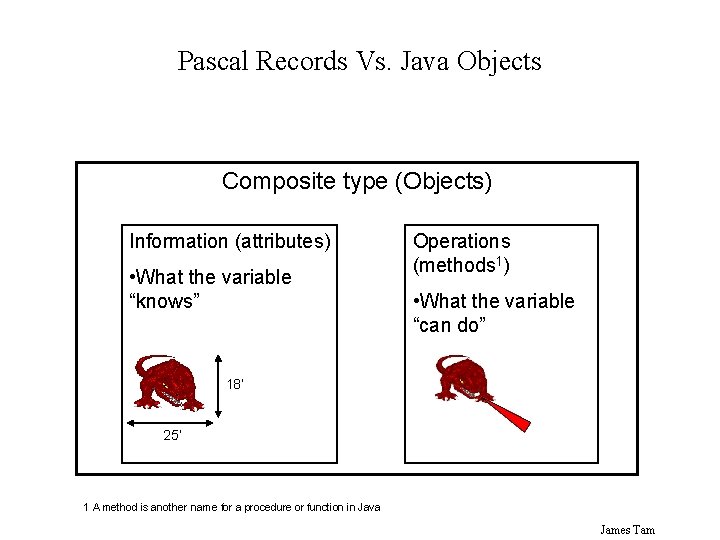 Pascal Records Vs. Java Objects Composite type (Objects) Information (attributes) • What the variable