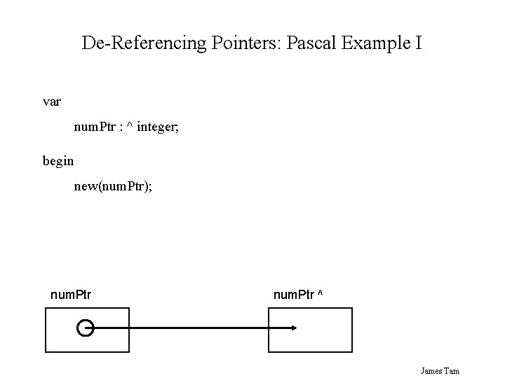 De-Referencing Pointers: Pascal Example I var num. Ptr : ^ integer; begin new(num. Ptr);