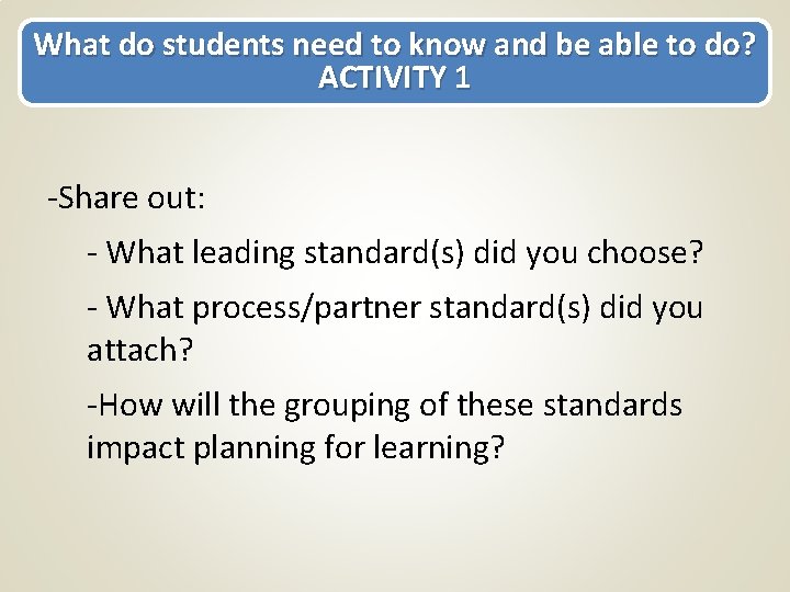 What do students need to know and be able to do? ACTIVITY 1 -Share