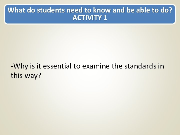 What do students need to know and be able to do? ACTIVITY 1 -Why