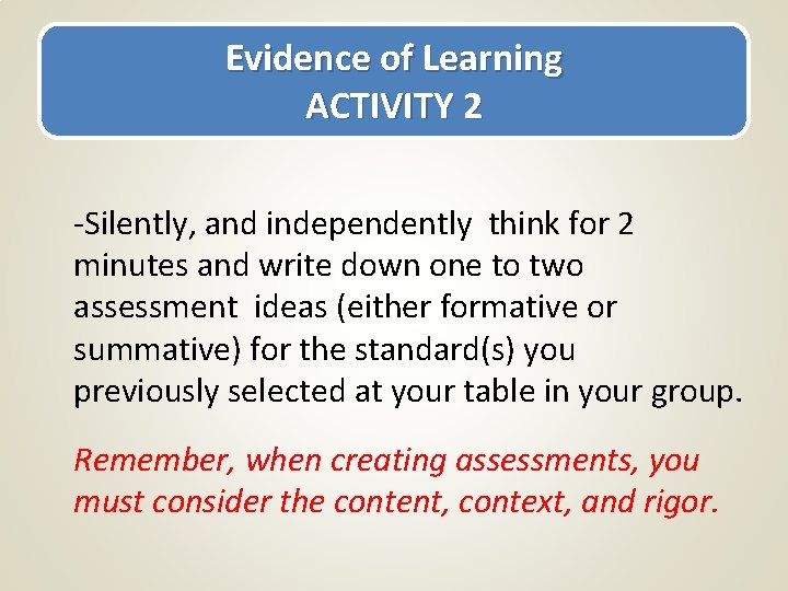 Evidence of Learning Step 1: Indepen 2 ACTIVITY -Silently, and independently think for 2