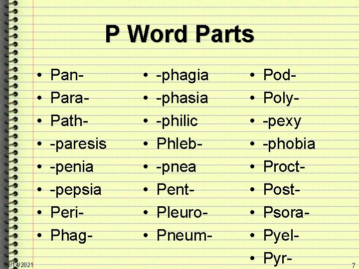P Word Parts • • 12/14/2021 Pan. Para. Path-paresis -penia -pepsia Peri. Phag- •